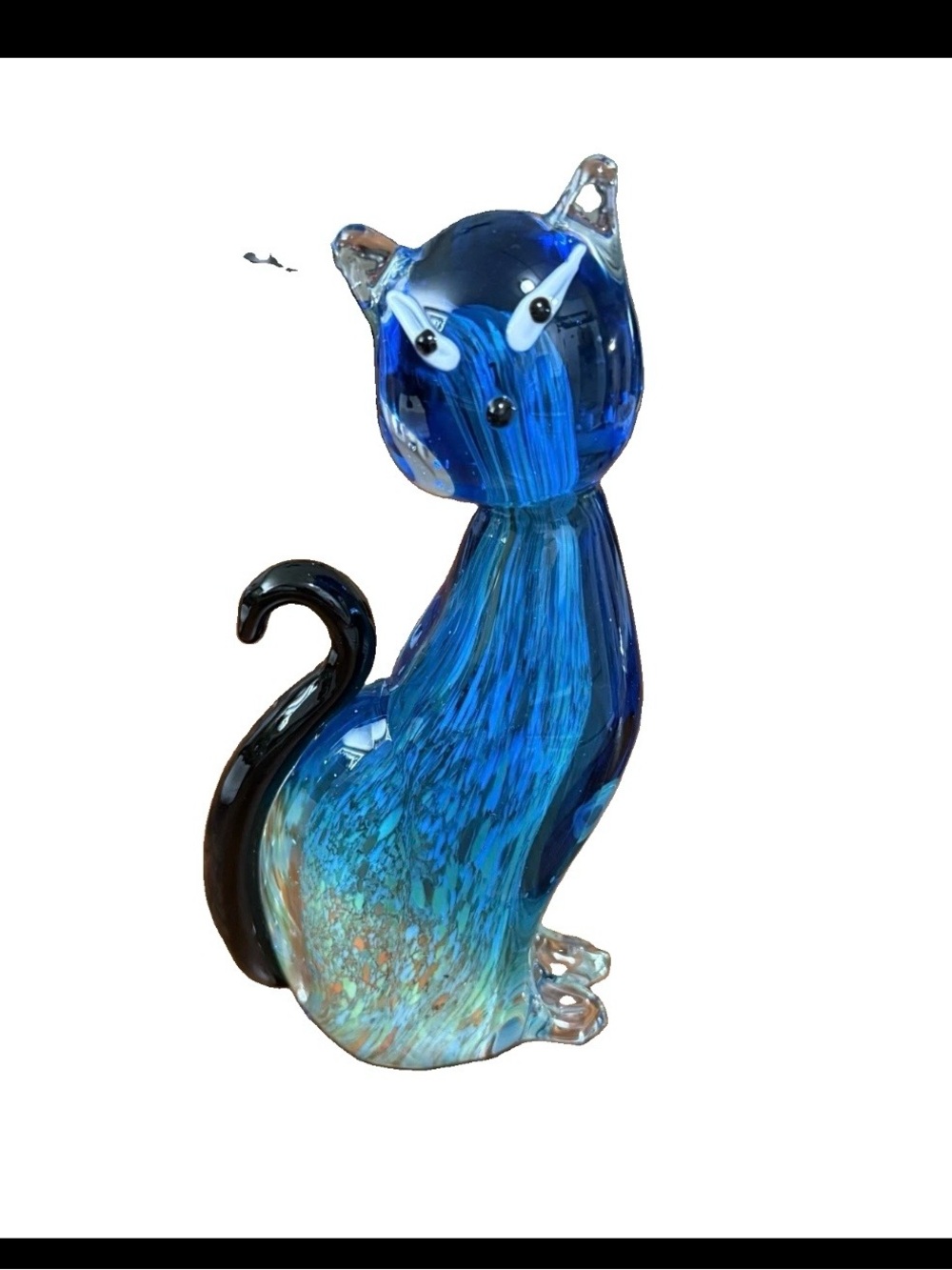 Hand-Blown Blue Glass Cat Figurine - Decorative Sculptural Accent